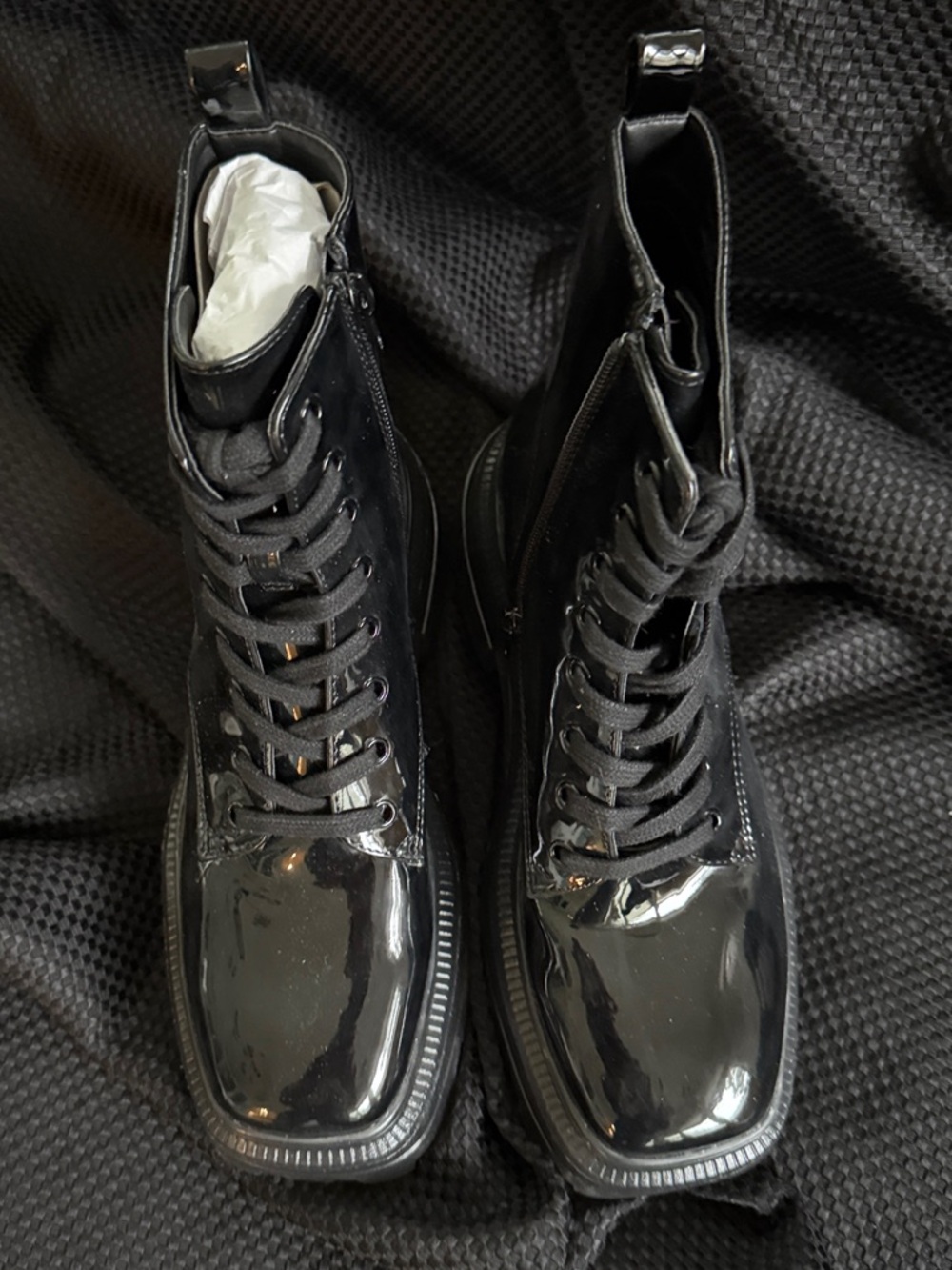 Women’s Black Patent Lace-Up Combat Boots with side zipper
